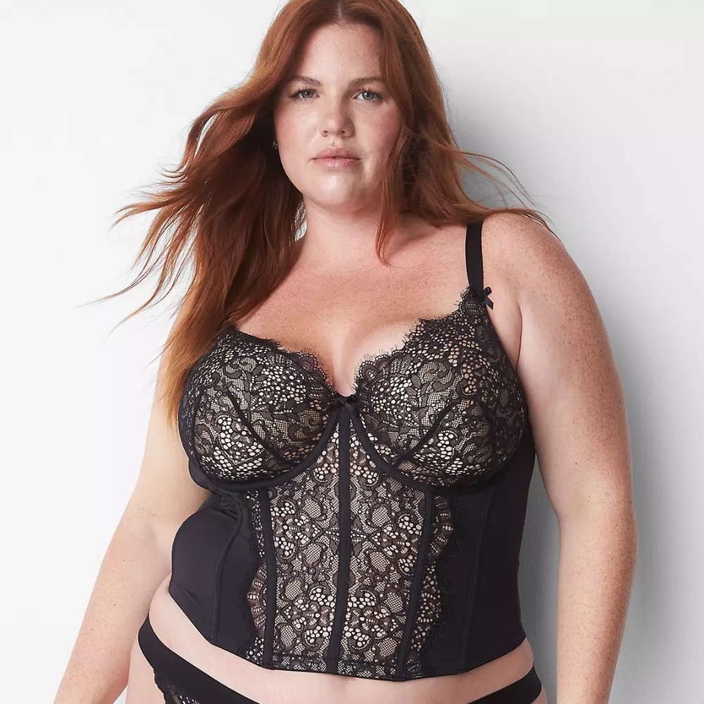 Cacique Lane Bryant Plus Size Eyelash Lace Longline Corset Top Bustier Blk 46DD